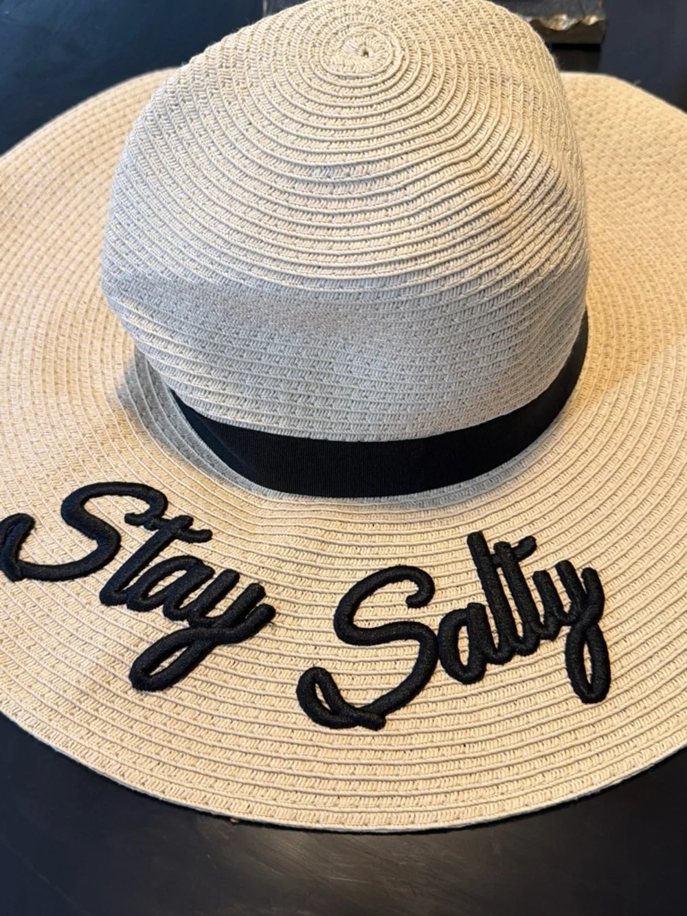 Stay Salty Kids Straw Sun Hat in Beige with Black Trim